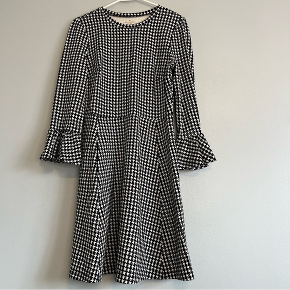 Kate Spade Houndstooth Ponte Midi Dress Bell Sleeve Black White Sz M Elegant - Picture 2 of 12